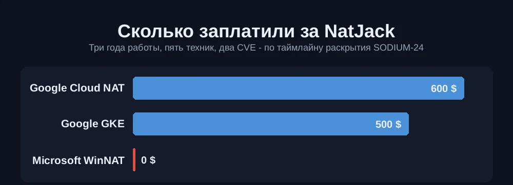 Горизонтальная диаграмма выплат за исследование NatJack: Google Cloud NAT 600 долларов, Google GKE 500 долларов, Microsoft WinNAT 0 долларов